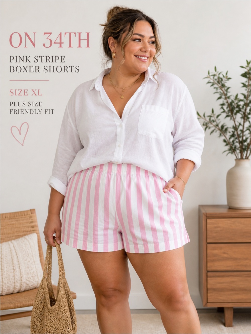 On 34th Boxer Shorts Pink Stripe Coastal Y2K Elastic Waist Pockets XL NWOT